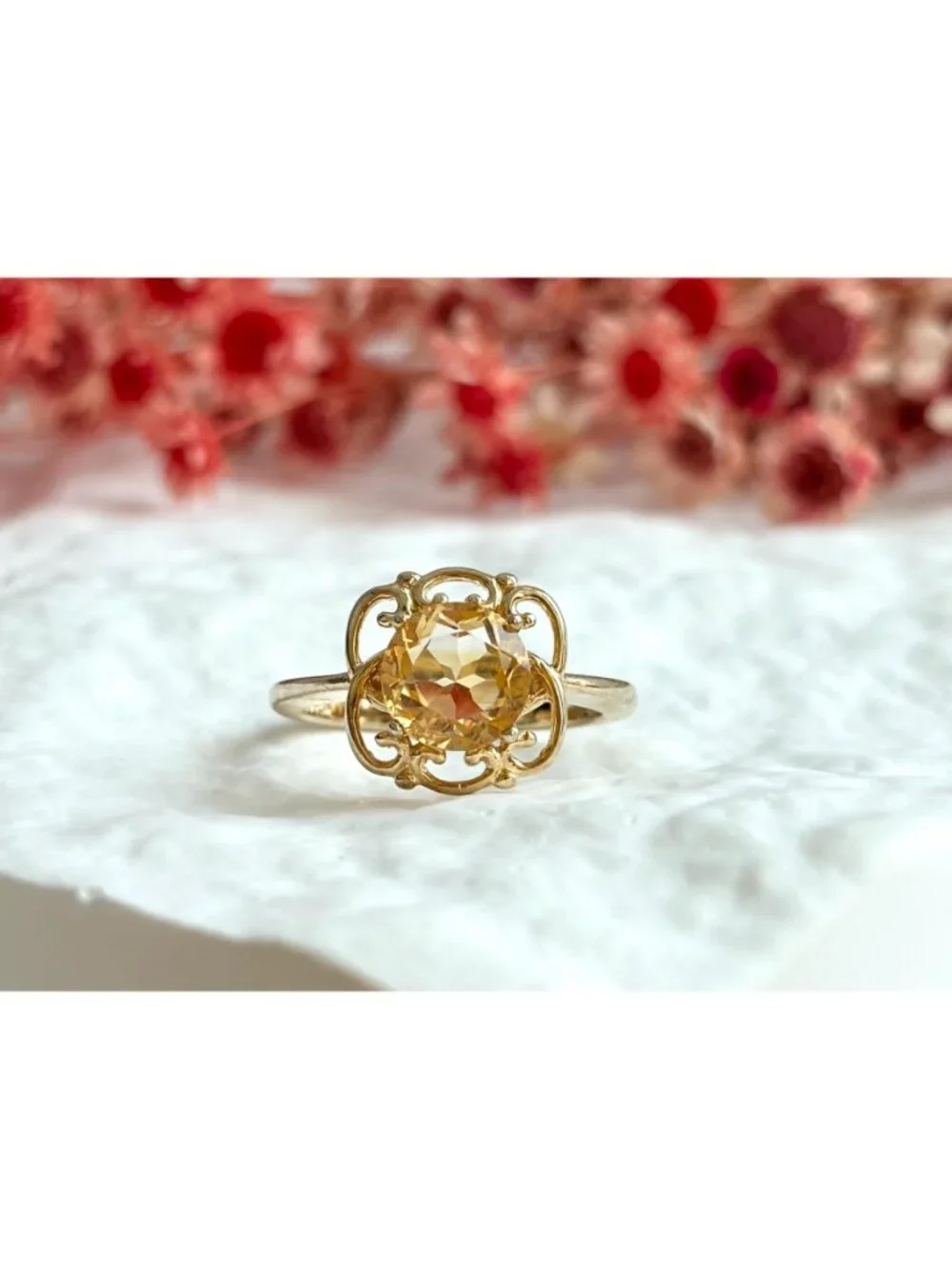 Gold Overlay Citrine Gemstone Solitaire Sterling Silver 925 Vintage Ring - sz 7